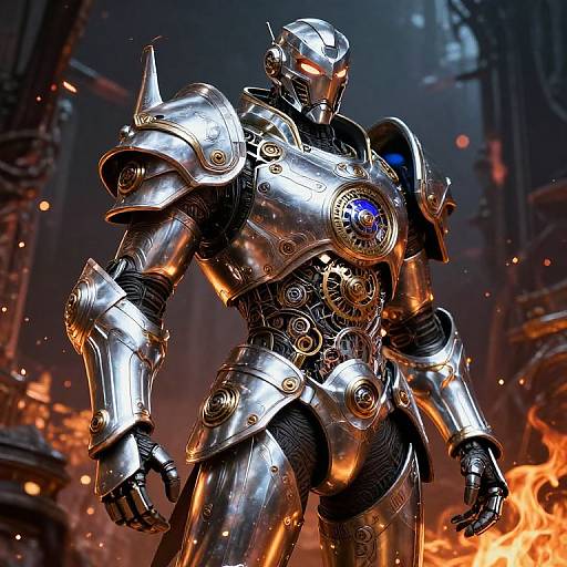 CGI image of a sleek, futuristic, metallic robot warrior with glowing blue eye and shoulder armor, standing amidst fiery ruins.