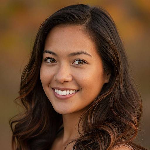 Photograph of a smiling young Asian woman with long, wavy dark brown hair, light brown eyes, and glowing skin against a blurred autumn background.