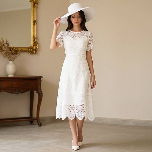Photograph of a woman in a white lace dress and wide-brimmed hat, standing in a softly lit room with a gold-framed mirror and