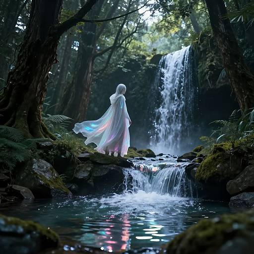 Surreal Cloaked Figure by Luminescent Waterfall