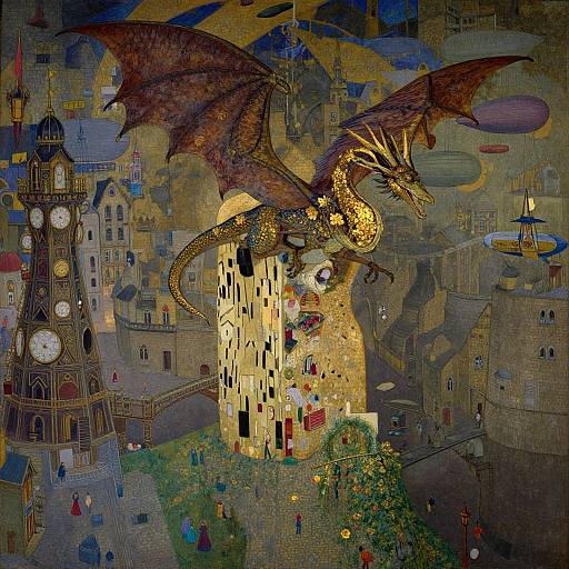 Gustav Klimt-style painting: Golden dragon with outstretched wings perched on castle tower, above colorful medieval village, clock tower,
