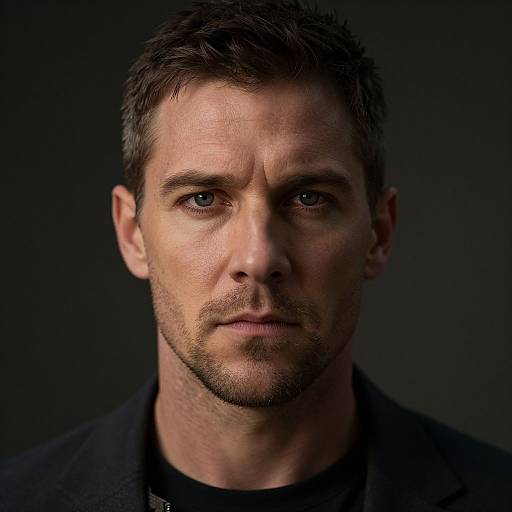 Photograph of a serious, middle-aged white man with short brown hair, blue eyes, light stubble, wearing a black jacket, against a dark