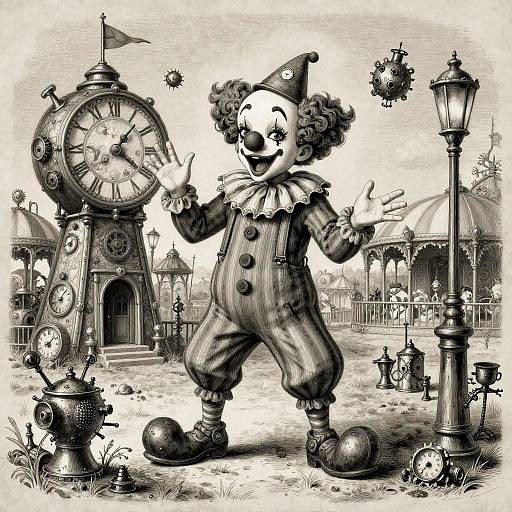 Whimsical Steampunk Clown Etching