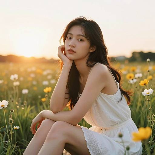Young Woman in Sunlit Wildflower Field