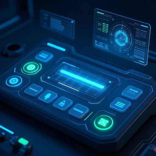 Photograph of a futuristic, glowing blue and green control panel with illuminated buttons and a digital display showing a circular interface.