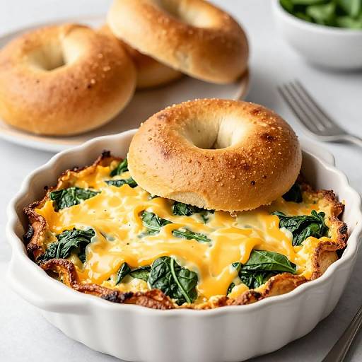 Photograph of a white ramekin filled with cheesy spinach quiche, topped with a golden-brown bagel half, with two more bagels