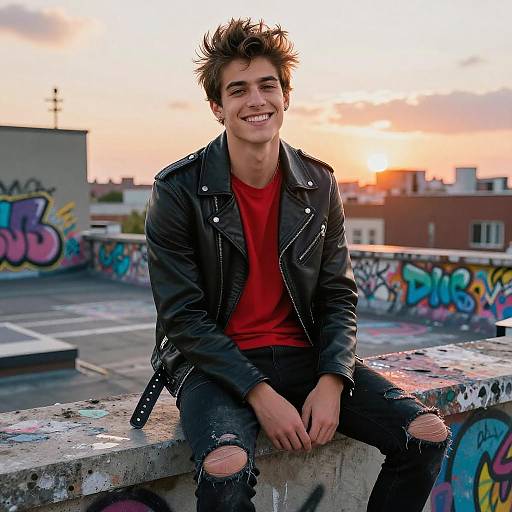 Young Man Sitting on Graffiti Rooftop at Sunset