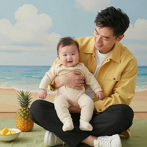 Smiling Father Holding Baby with Pineapple