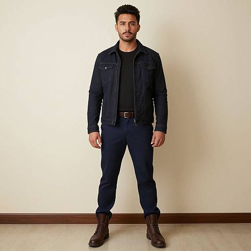 Photograph of a handsome, bearded man with short dark hair, wearing a black denim jacket, black shirt, dark pants, and brown boots,