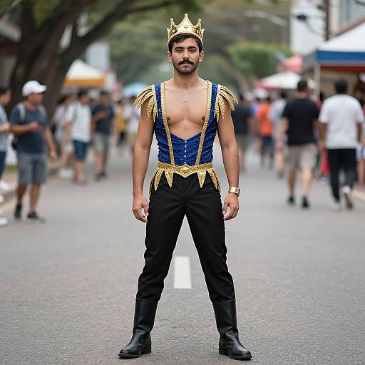 Photograph of a bearded man with a crown, bare-chested in a blue and gold royal costume, standing confidently on a busy street.