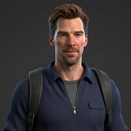 Photorealistic CGI of a handsome, fair-skinned man with short brown hair, slight beard, wearing a navy zip-up sweater, black shirt,