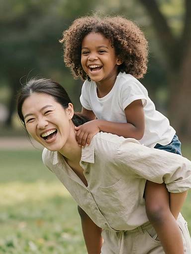 Mother and Daughter Piggyback in Park