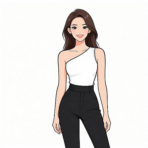 Smiling woman wearing one-shoulder white top and black trousers