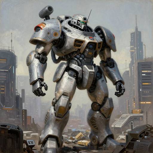 Digital painting of a massive, silver, futuristic robot standing in a smoky, destroyed urban cityscape with tall buildings and scattered cars.