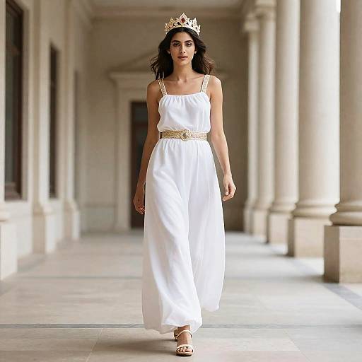 Photograph of a dark-haired woman in a white, sleeveless, floor-length dress with gold belt and crown, walking on a colonnaded hallway