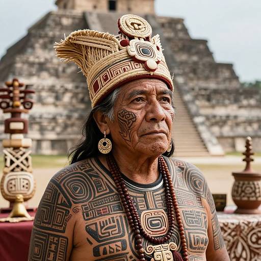 Photograph of an elderly Indigenous man with intricate tattoos, wearing traditional headdress and necklace, standing in front of a pyramid.