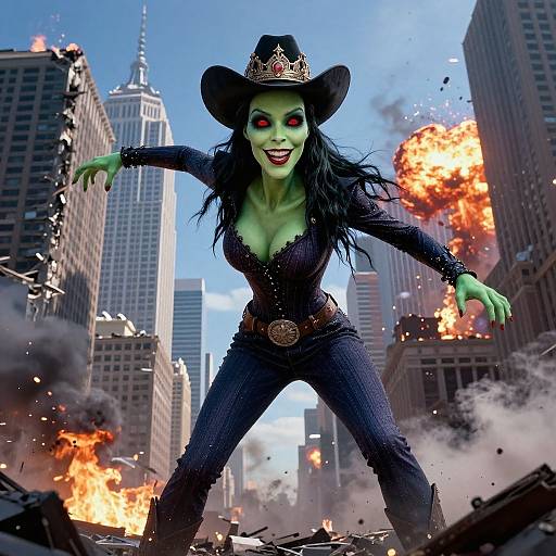 Green Giantess Cowboy Amid City Destruction