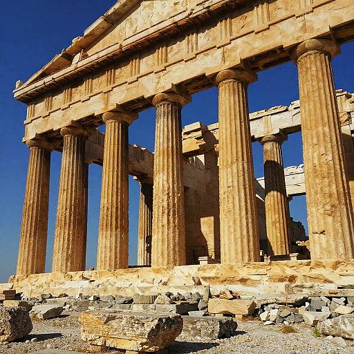 Photograph of ancient Greek-style columns with weathered, beige stone, set against a clear, vibrant blue sky, surrounded by scattered rocks.