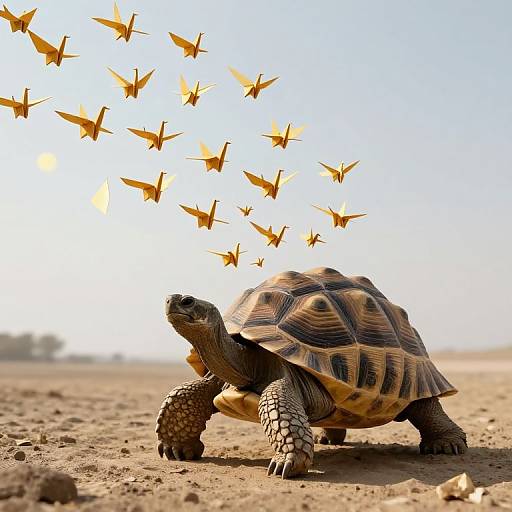Photograph of a large tortoise with textured, patterned shell, standing on sandy ground, watching a flock of yellow paper kites flying upwards against