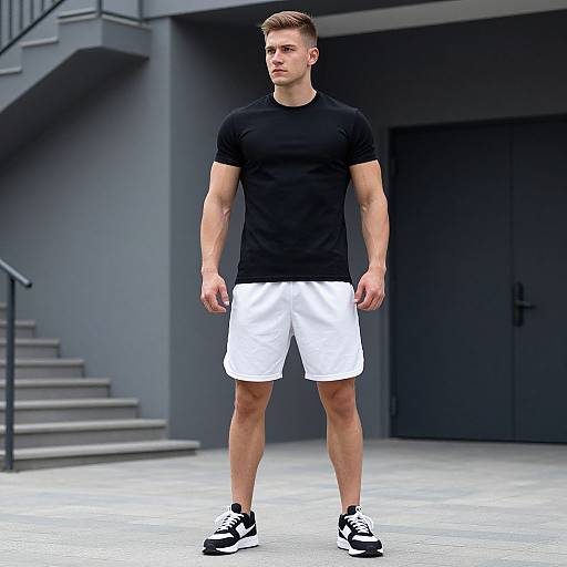 Photograph of a muscular, young white man with short brown hair, wearing a black t-shirt, white shorts, and black and white sneakers, standing