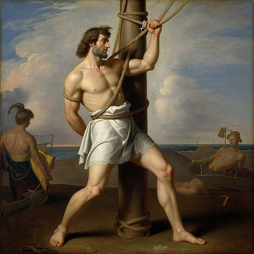 Baroque painting of muscular, bound man with white cloth, standing on ship, rope around post, two sailors in background. Dramatic sky.