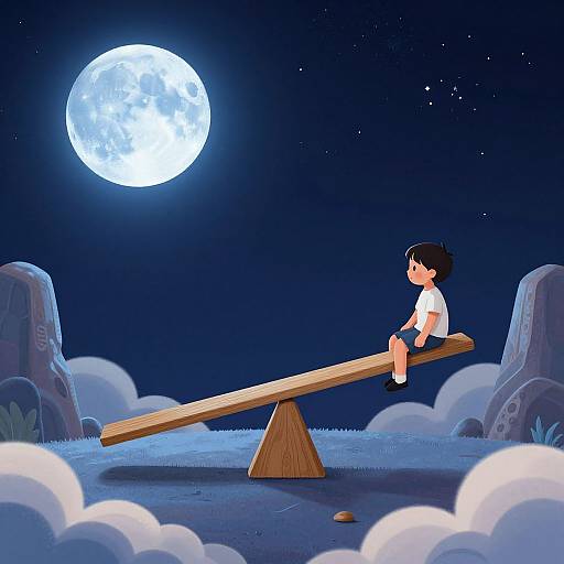 Child on Seesaw Toward Blue Moon