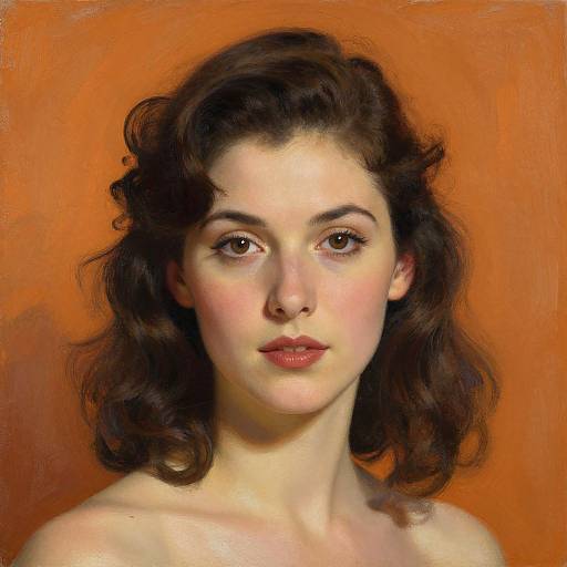 Digital portrait of a young woman with wavy brown hair, fair skin, and brown eyes, set against an orange background. She has subtle makeup and
