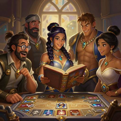 Fantasy RPG scene: Smiling adventurers with diverse appearances gather around a glowing card table, illuminated by sunlight from a stained-glass window. Digital art