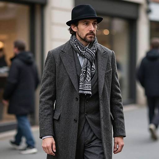 Photograph of a stylish man with dark hair, beard, black hat, and patterned scarf, wearing a gray overcoat, standing on an urban