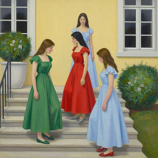 Digital painting of four women in colorful Victorian dresses (green, red, blue, blue) on a yellow house steps, with white windows and potted