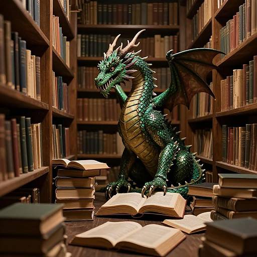 Photorealistic CGI: Green dragon with golden underbelly and black wings sits among stacks of books in a dimly lit library, reading an open