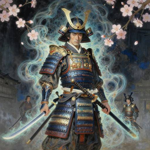 Digital artwork of a samurai warrior in ornate armor, holding a glowing sword, surrounded by blue ethereal smoke and cherry blossoms, with two