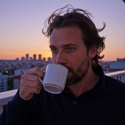 Photograph of a bearded man with messy hair, holding a white mug, gazing at a city sunset skyline in the background.