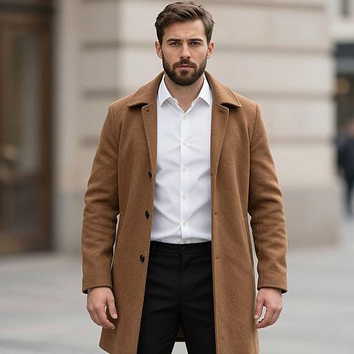 Photograph of a bearded man with dark hair, wearing a brown wool coat, white shirt, and black pants, standing outdoors. Blurred city