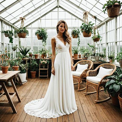 Woman in Elegant White Wedding Dress in Greenhouse