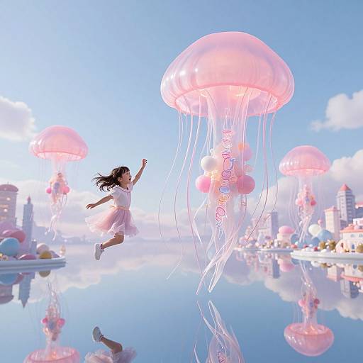 Digital art: Asian girl in white dress jumps joyfully towards pink jellyfish, cityscape reflected in still water, bright blue sky.