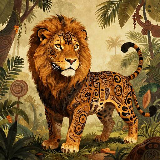 Digital illustration of a majestic lion with intricate tribal patterns, standing in a lush, vibrant jungle, surrounded by dense foliage.