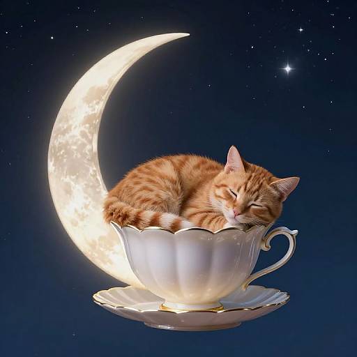 Orange Tabby Cat Sleeping in Teacup on Crescent Moon