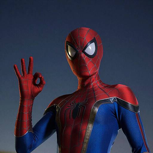 Photograph of a person in a detailed, red-and-blue Spider-Man costume, with a web pattern on the face and chest, hand forming a circle