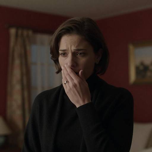 Worried Woman in Dimly Lit Room