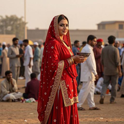 Photograph of an Indian woman in a vibrant red traditional saree with gold embroidery, standing in a crowded outdoor gathering, holding a silver plate, with