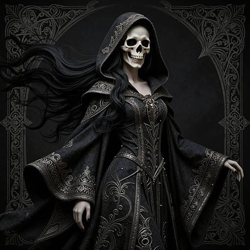 Digital gothic art of a skeletal woman with long black hair, wearing an ornate black hooded dress, grinning menacingly. Elegant, dark