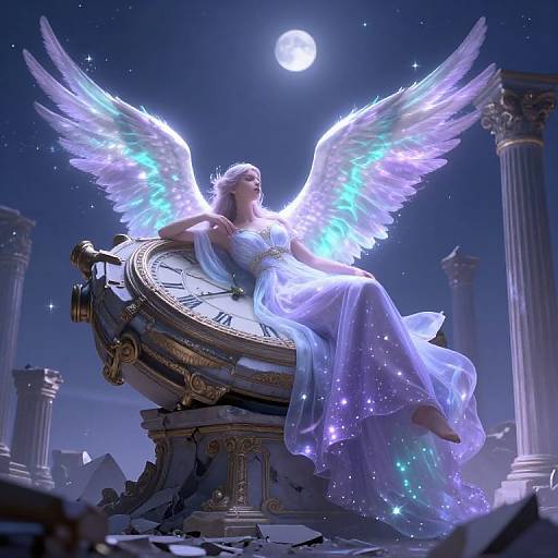 Digital art: Angelic woman with glowing blue wings, white dress, and halo, seated on a clock, under a full moon, surrounded by ancient