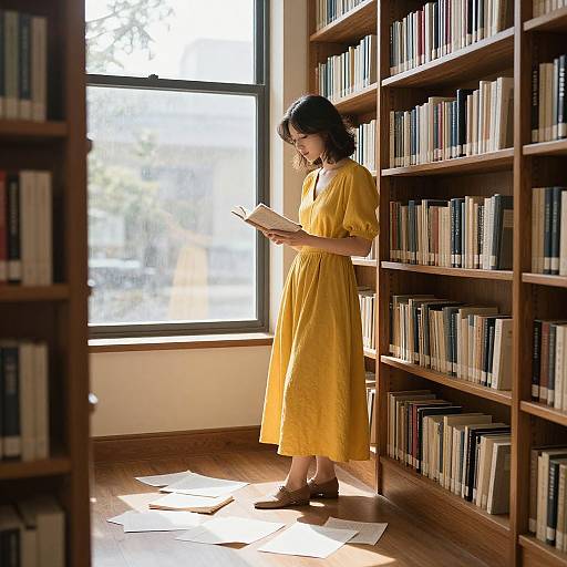 Photograph of an Asian woman in a yellow dress, reading a book in a sunlit library, standing beside wooden bookshelves.