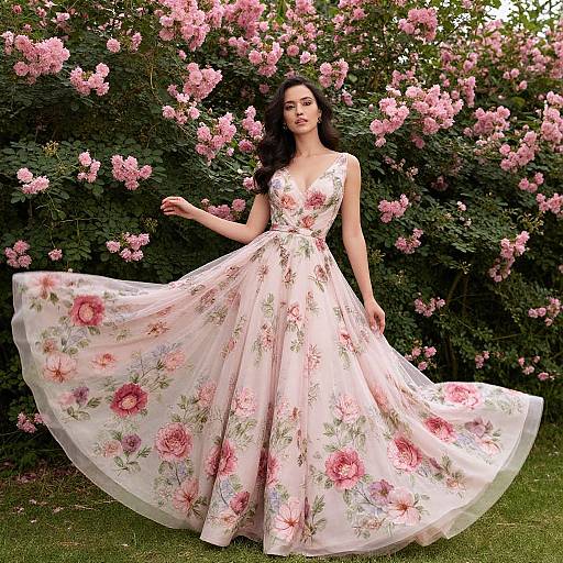 Photograph of a fair-skinned woman with long dark hair, wearing a pink floral ball gown, standing in front of a lush pink rose bush,