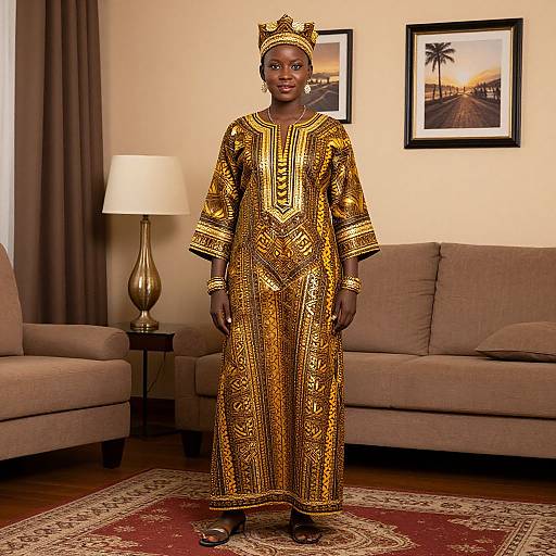 Photograph of a Black woman in a gold and black traditional African dress and crown, standing in a living room with beige couches, a lamp,
