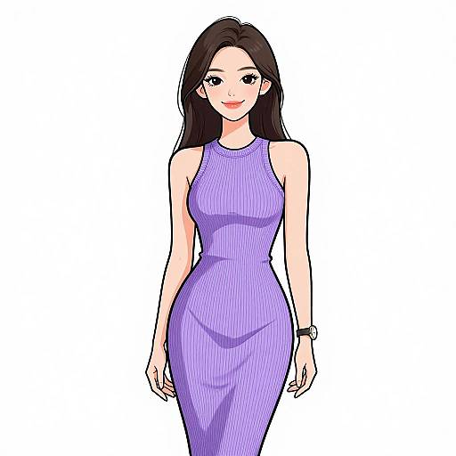 Digital anime-style illustration of a smiling woman with long black hair, wearing a form-fitting, sleeveless lavender dress, white background.
