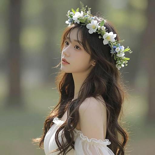 Young Woman with Floral Crown in Forest