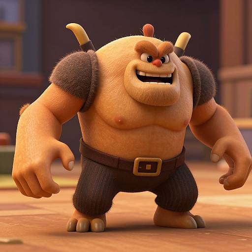 CGI image of a muscular, bald, tan-skinned ogre with horns, black furry shoulder patches, black pants, and a belt, smiling