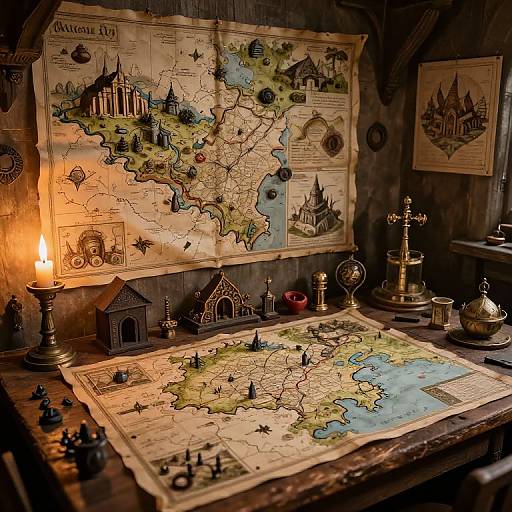 Vintage-style wooden room with illuminated map, chess pieces, and antique brass items on a wooden table, evoking a historical, medieval ambiance. Photograph.